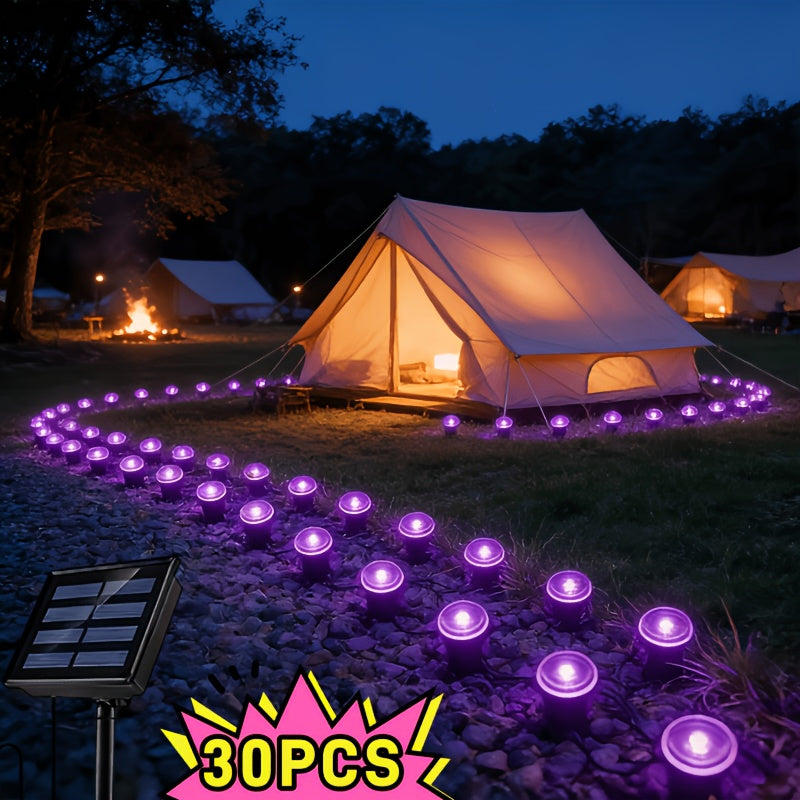 Solar pathway lights arranged in a row along garden edging