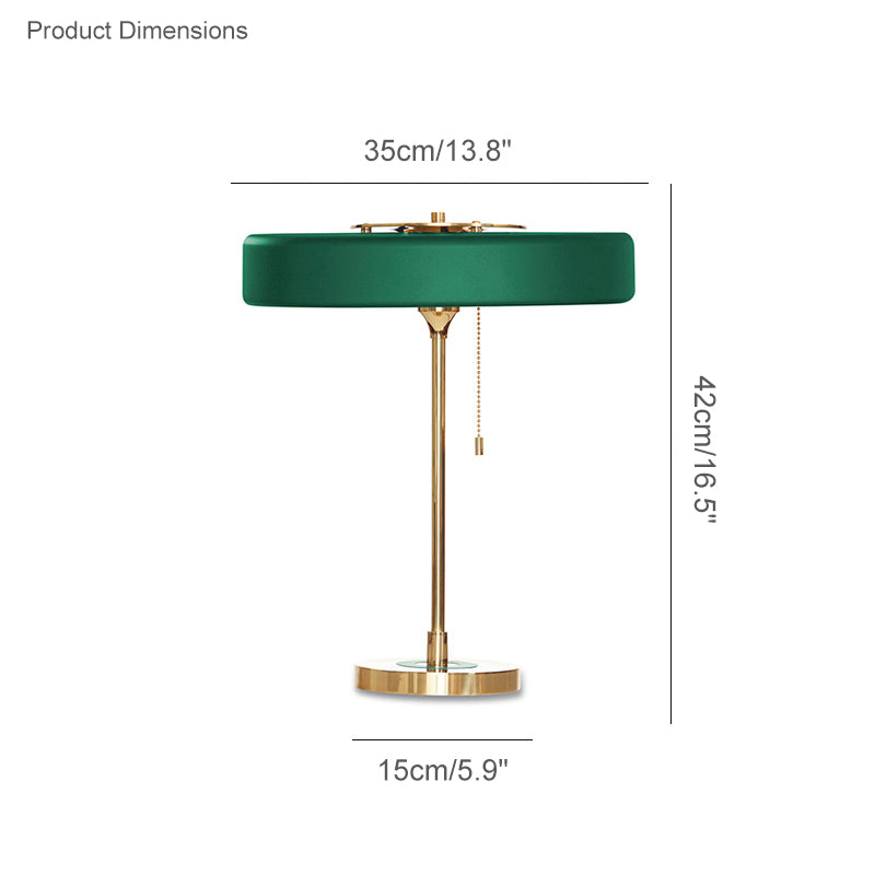 Mid-Century Round Table Lamp with Pull Chain Fabric Shade Warm LED Bedside Living Room — 3 Colors
