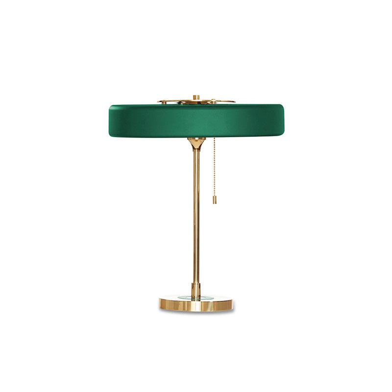 Mid-Century Round Table Lamp with Pull Chain Fabric Shade Warm LED Bedside Living Room — 3 Colors