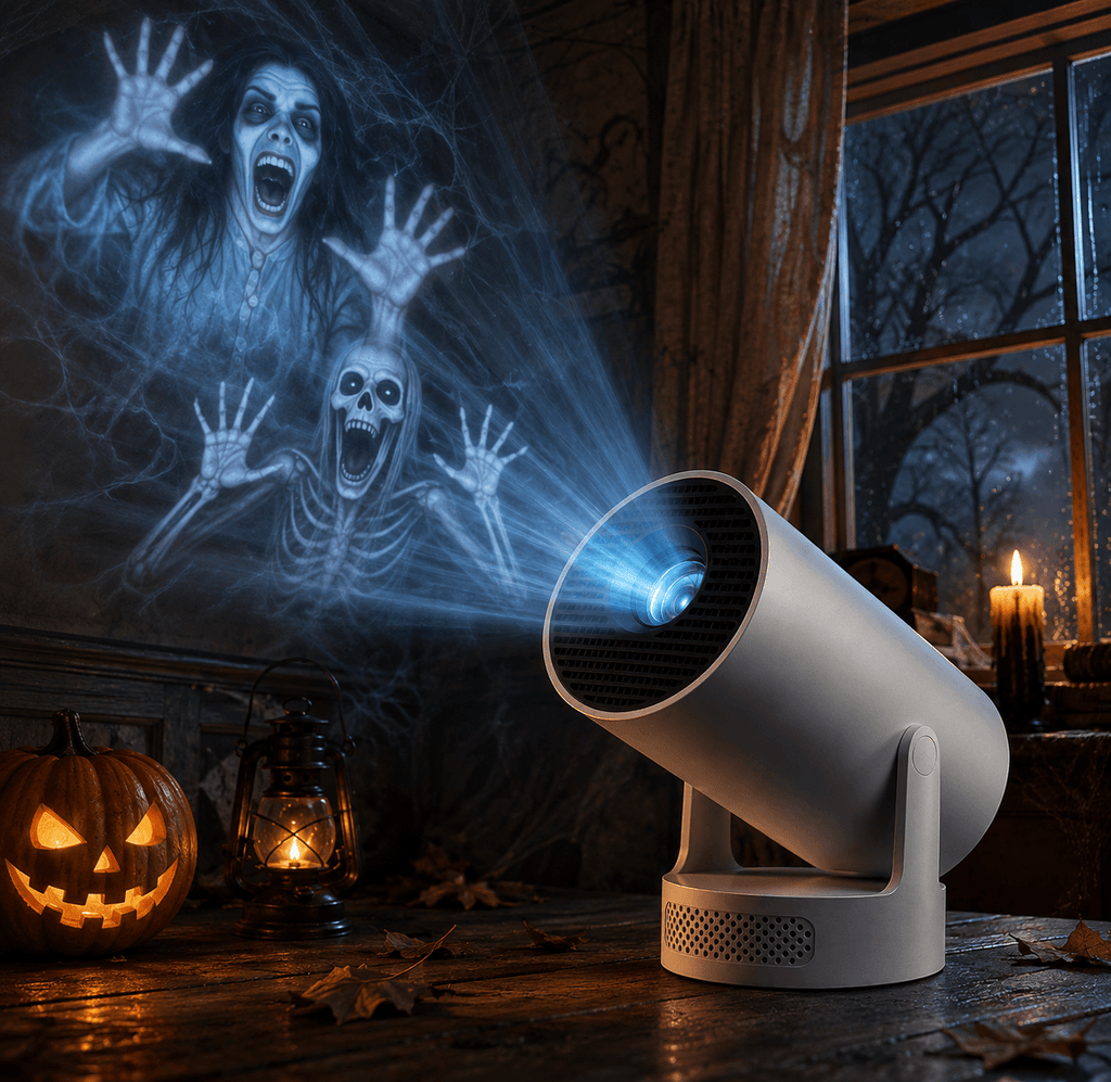 Halloween projector box contents: projector unit, mounting base, remote control, power cable, and quick start guide