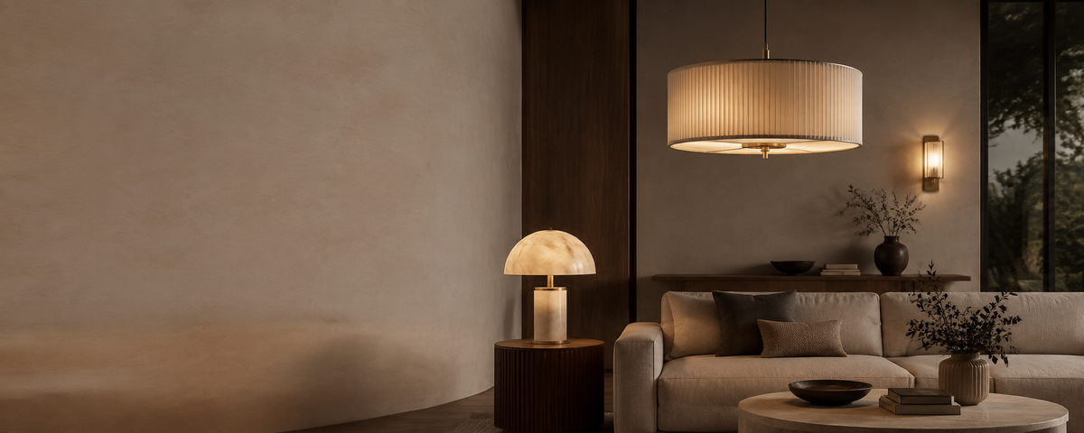 Warm modern living room with decorative pendant, table and wall lighting