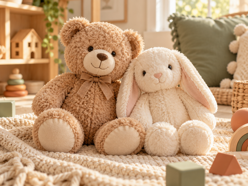 A teddy bear and rabbit plush showing soft textures in a warm playroom