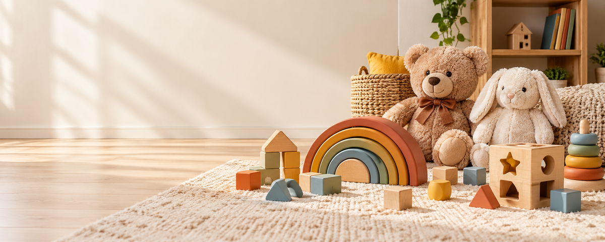 Wooden stacking toys, colorful blocks, a teddy bear and a bunny plush in a sunlit playroom