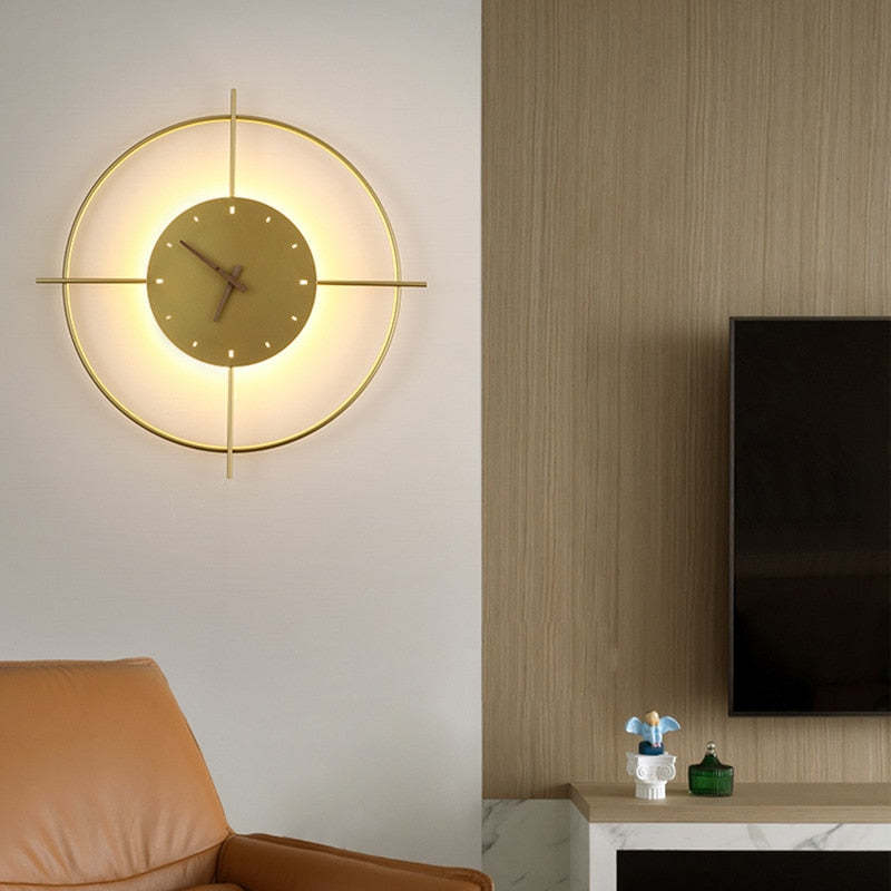 Glint Modern Round Wall Clock Lamp – Gold & Black
