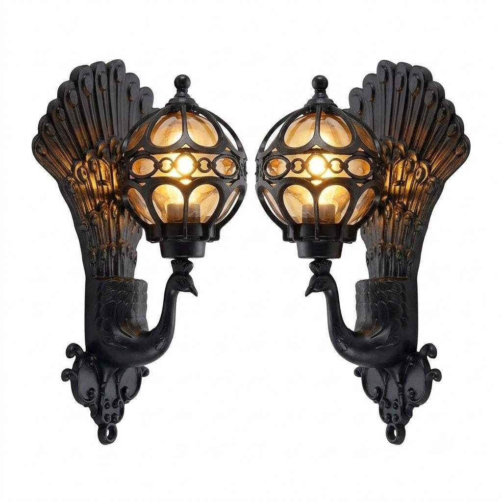 Peacock Outdoor Wall Light Retro European Aluminum Waterproof Hardwired — Black Bronze Sets