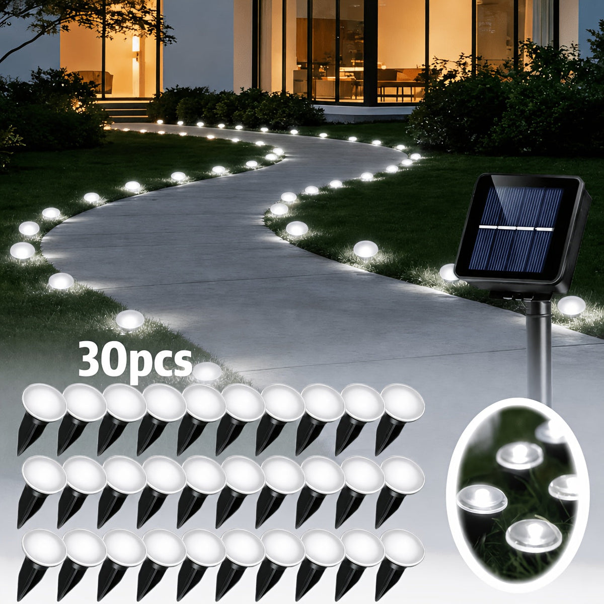 Solar pathway lights illuminating a driveway at dusk
