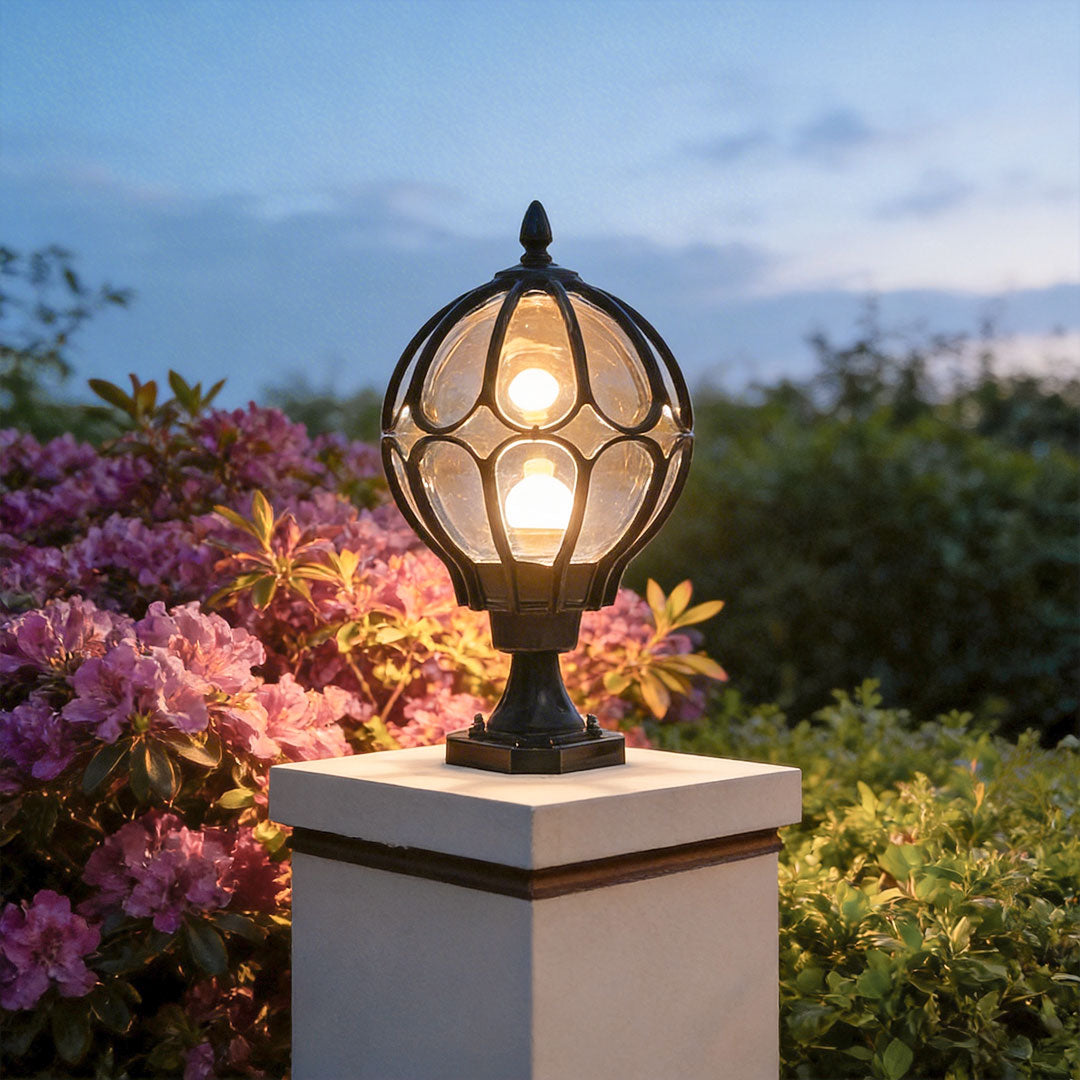 Outdoor globe pillar light retro glass copper fence post hardwired — black bronze 7 to 15 inch sets