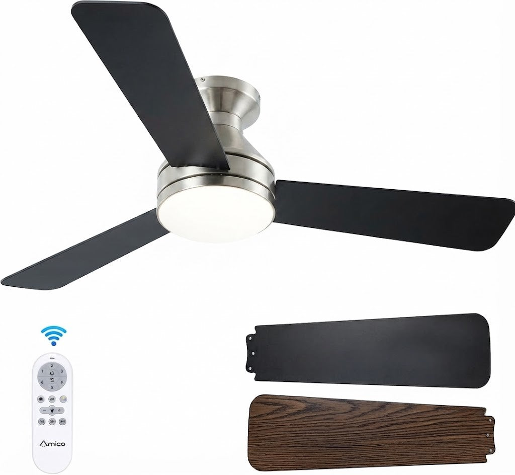 Flush Mount Ceiling Fan with LED Light 3CCT Dimmable Remote Indoor Outdoor Noiseless — 30 to 52 Inch