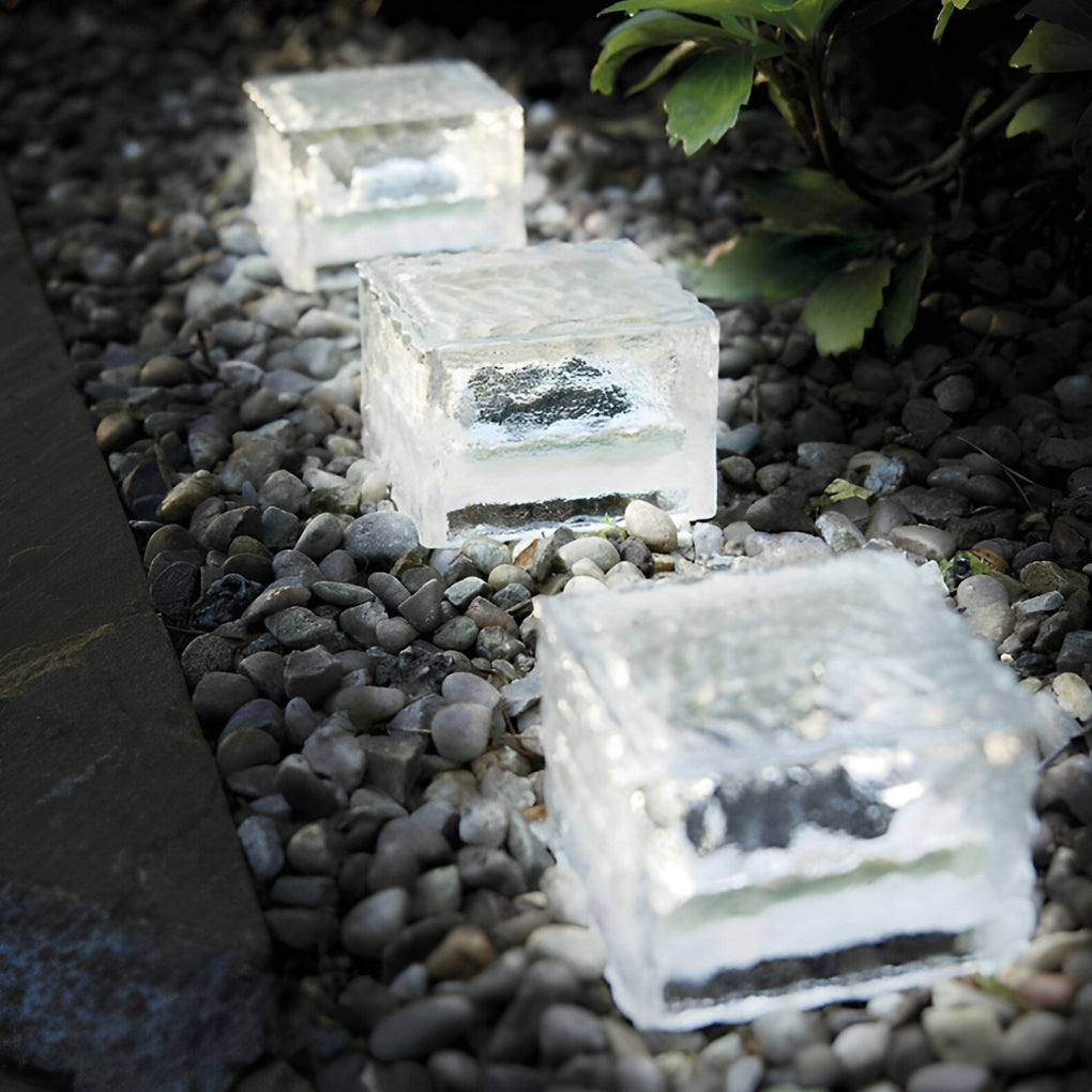 Solar Ice Cube Step Lights Modern Crystal Glass Outdoor Walkway Garden — Sets of 4 to 15
