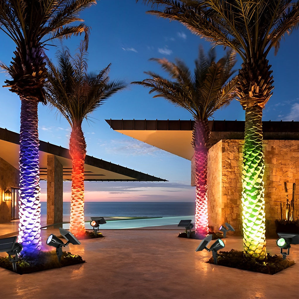 Waterproof RGB solar ground spike spotlight LED tree accent outdoor — warm white singles to 8-pack