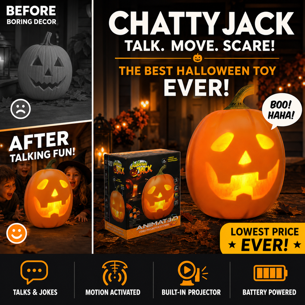 Halloween animatronic pumpkin with its mouth open mid-phrase