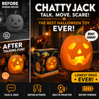 Halloween animatronic pumpkin with its mouth open mid-phrase