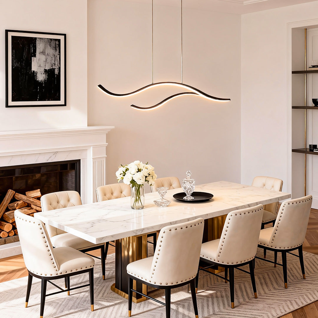 Curved Wavy LED Pendant Light Metal Dimmable Dining Room Kitchen Island — Black Gold Chrome