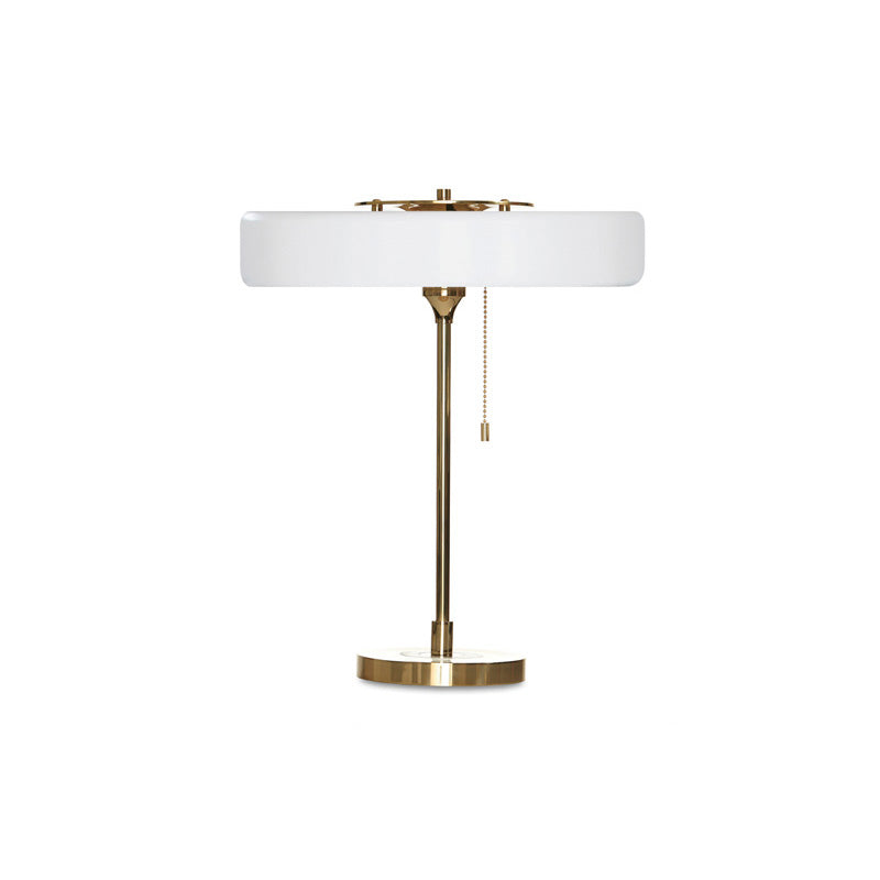 Mid-Century Round Table Lamp with Pull Chain Fabric Shade Warm LED Bedside Living Room — 3 Colors