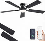 52-Inch Ceiling Fan with LED Light Dimmable App Remote Flush Mount Reversible DC Motor — Black Brown
