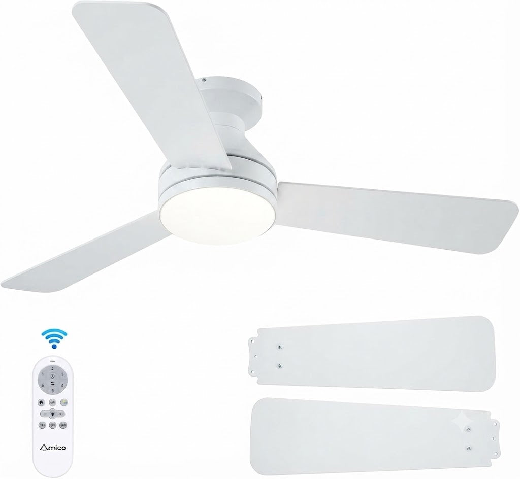 Flush Mount Ceiling Fan with LED Light 3CCT Dimmable Remote Indoor Outdoor Noiseless — 30 to 52 Inch