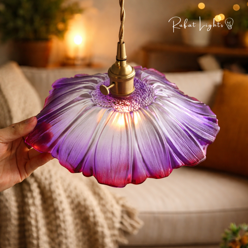 Vintage Floral Glass Pendant Light Height Adjustable Dining Room Bedroom — Purple Clear Gold Green