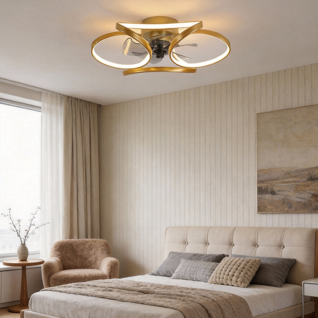 Flower Flush Mount Ceiling Fan with LED Light Remote Control Dimmable — Gold White Black 18 to 22 Inch