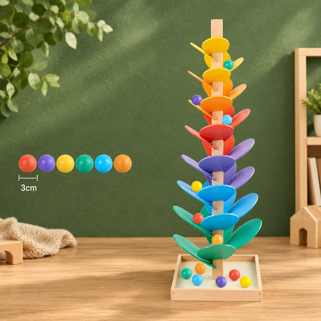 Large Wooden Marble Sound Rainbow Tree Run ( COLOURED WOODEN BALLS)