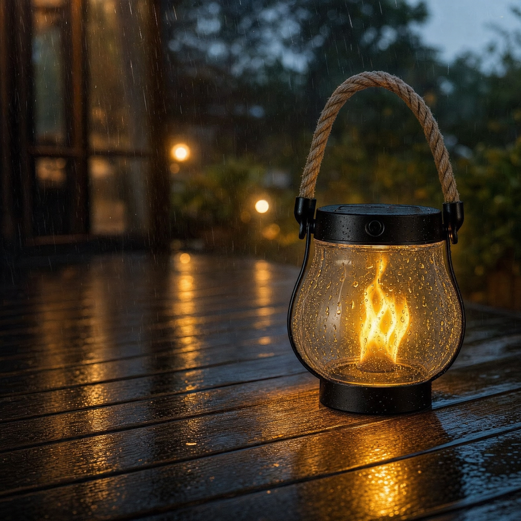 Weatherproof solar flame lantern glowing on a wet deck in the rain with raindrops on the glass