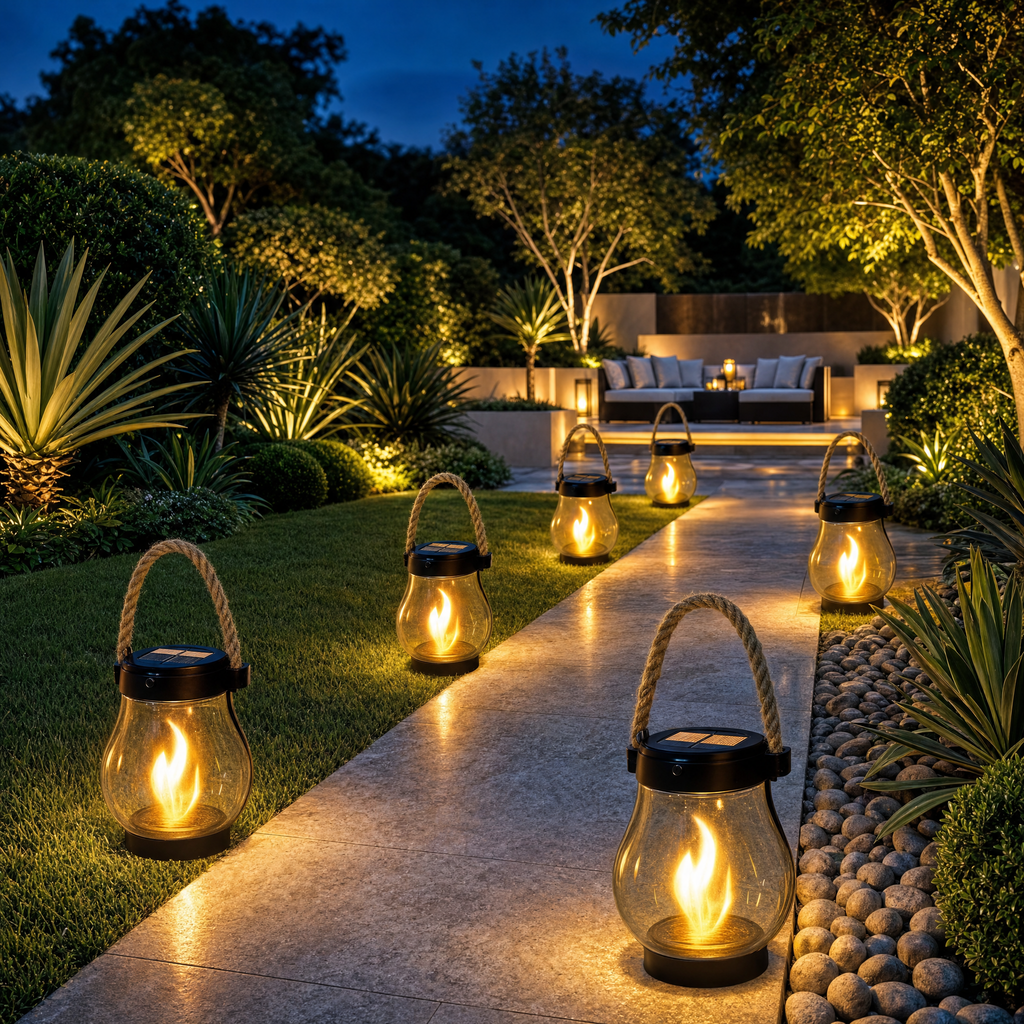 Solar flame lanterns lining a stone garden pathway at twilight in a landscaped backyard