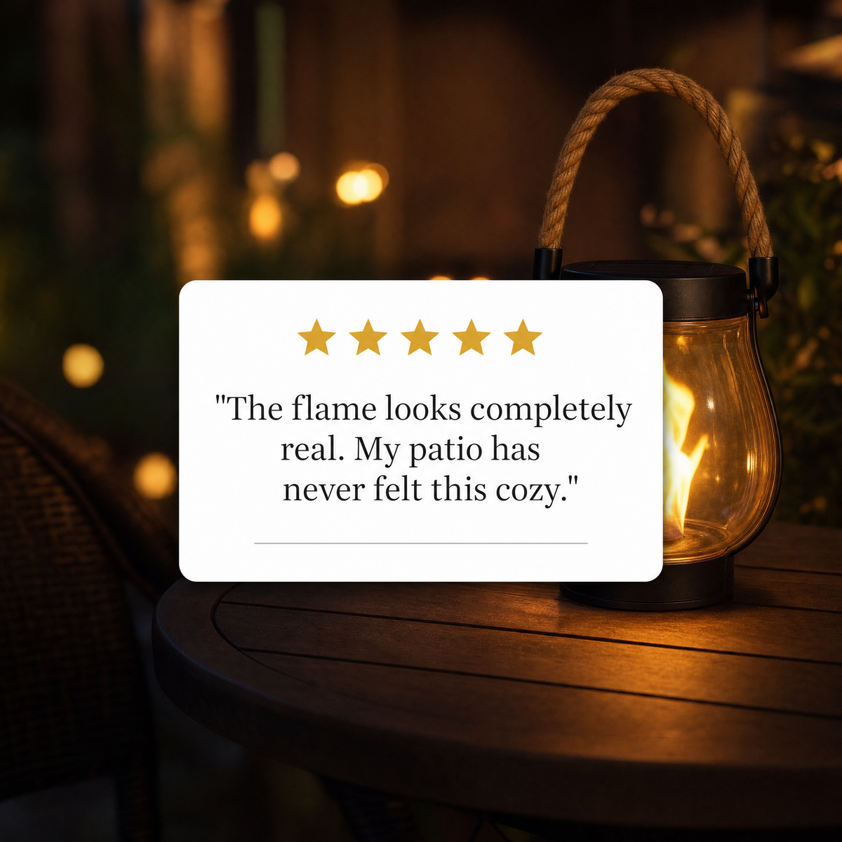 Five-star customer review of the solar flame lantern on a cozy patio