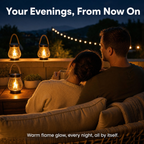 Couple enjoying their evening on the patio lit by solar flame lanterns