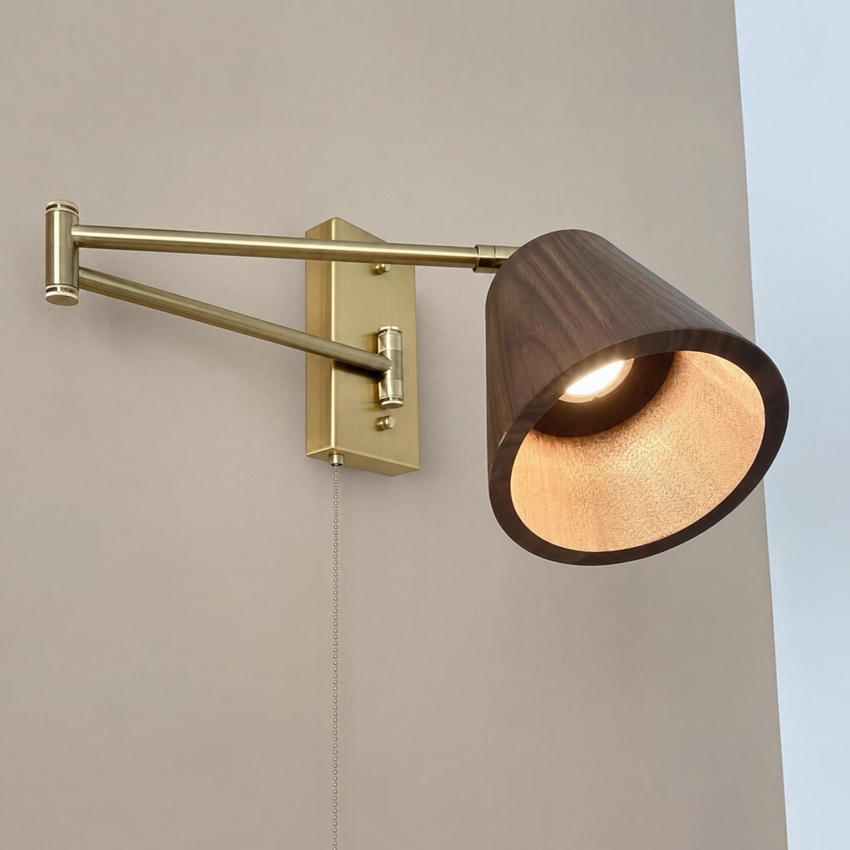 Timber Wood Brass Adjustable Arm Wall Sconce