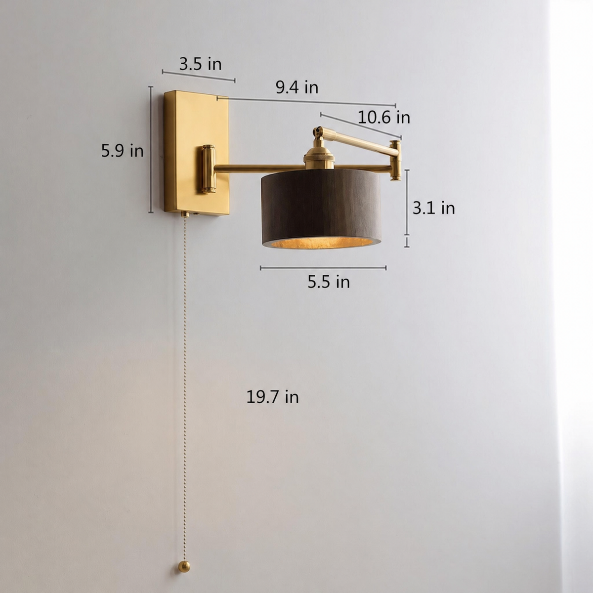Timber Wood Brass Adjustable Arm Wall Sconce