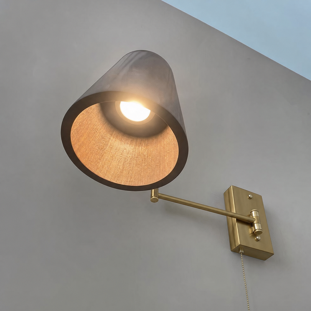 Timber Wood Brass Adjustable Arm Wall Sconce