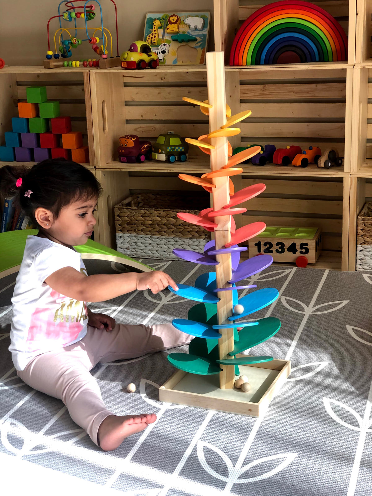 Large Wooden Marble Sound Rainbow Tree Run ( COLOURED WOODEN BALLS)