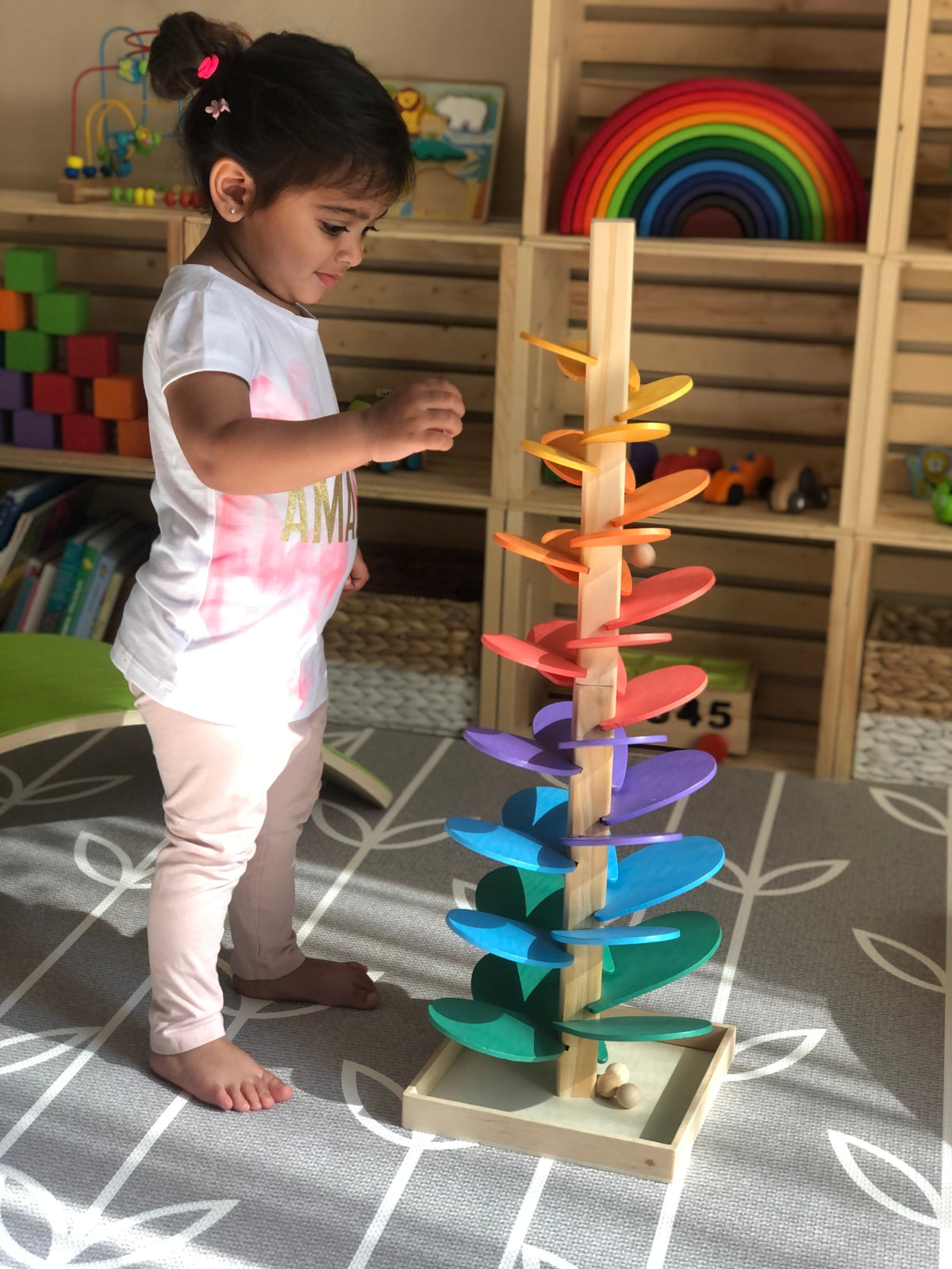 Large Wooden Marble Sound Rainbow Tree Run ( COLOURED WOODEN BALLS) details