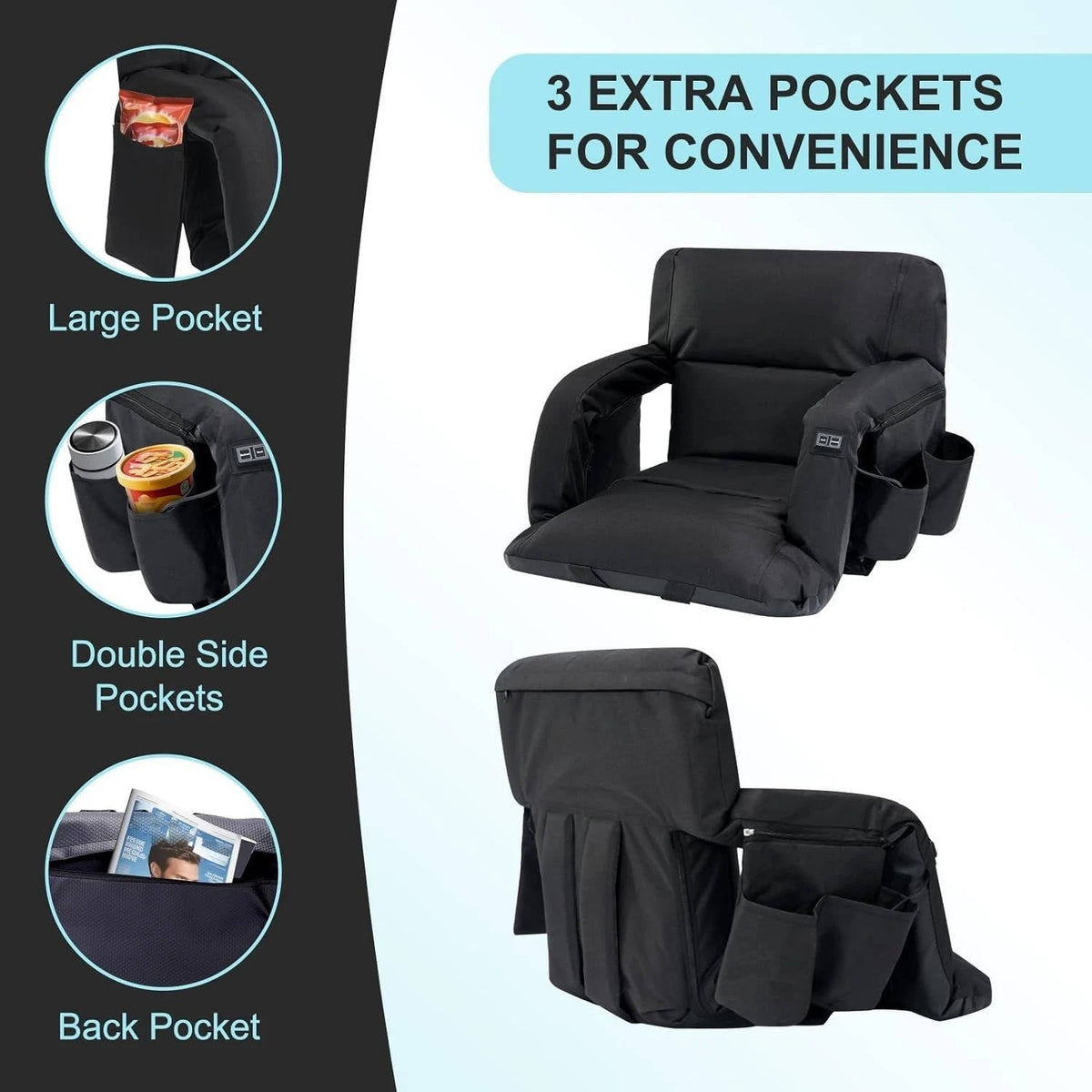Stadium Seat with Heat & Back Support – Portable Padded Bleacher Cushion Chair