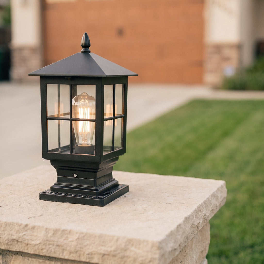 Ironwood solar pillar light, minimalist editorial daylight photo
