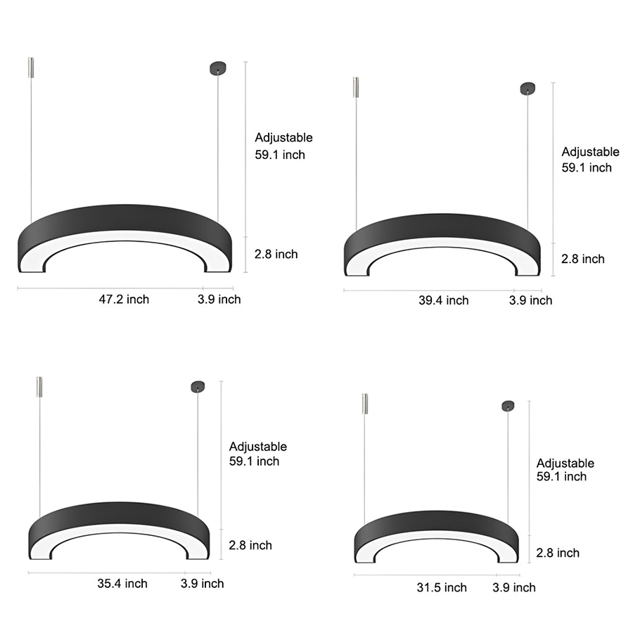 Curved Semi-Circle LED Pendant Light Ultra-Slim Acrylic Commercial Office Gym Shopping Mall — 15 to 47 Inch