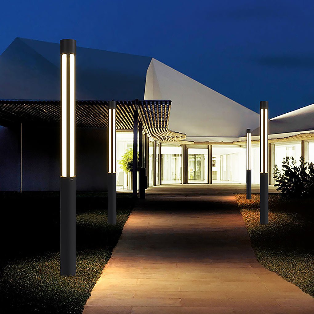 Residential bollard lights modern cylindrical LED — safe outdoor illumination driveway