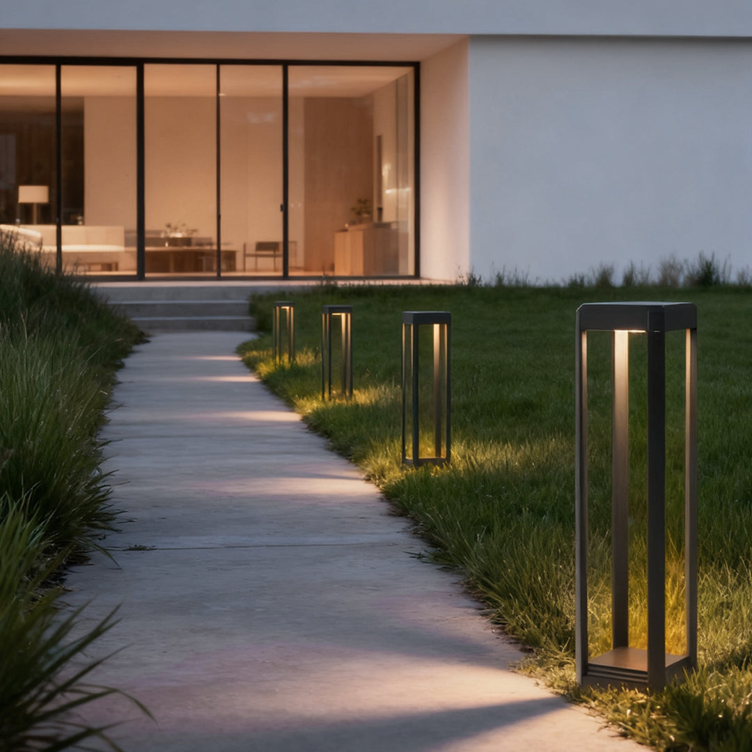 Modern black aluminum solar pathway bollard light IP65 outdoor garden driveway — singles to 8-pack