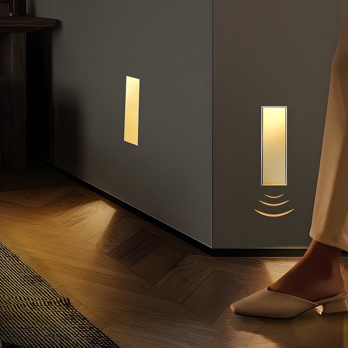 Motion sensor LED recessed step wall sconce minimalist indoor hallway stairs — warm neutral cool