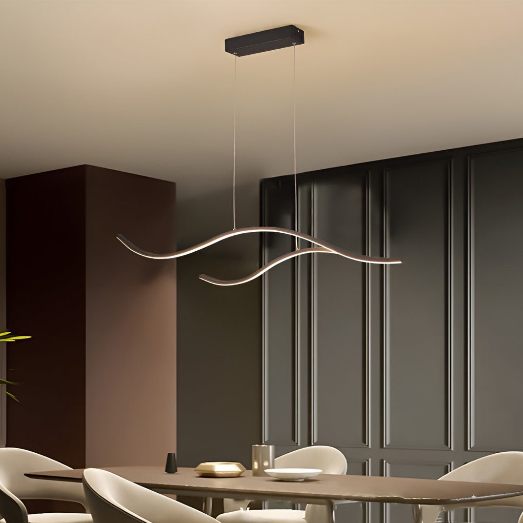 Curved Wavy LED Pendant Light Metal Dimmable Dining Room Kitchen Island — Black Gold Chrome
