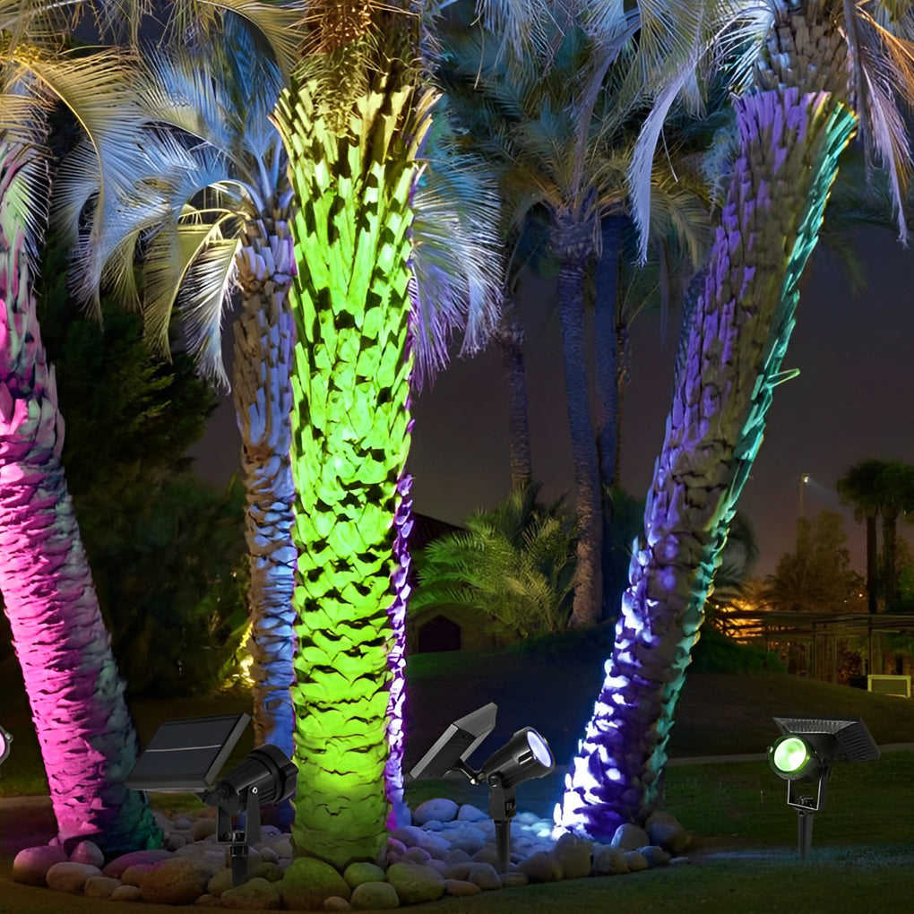 Waterproof RGB Solar Ground Spike Spotlight LED Tree Accent Outdoor — Warm White Singles to 8-Pack