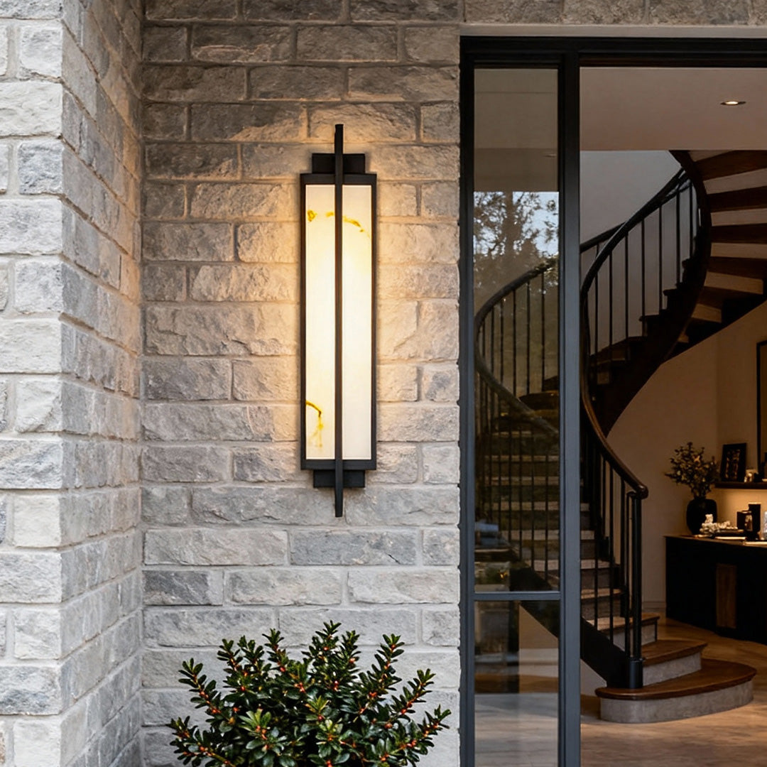 Outdoor Linear Alabaster LED Wall Sconce Waterproof Black IP65 Porch Entrance