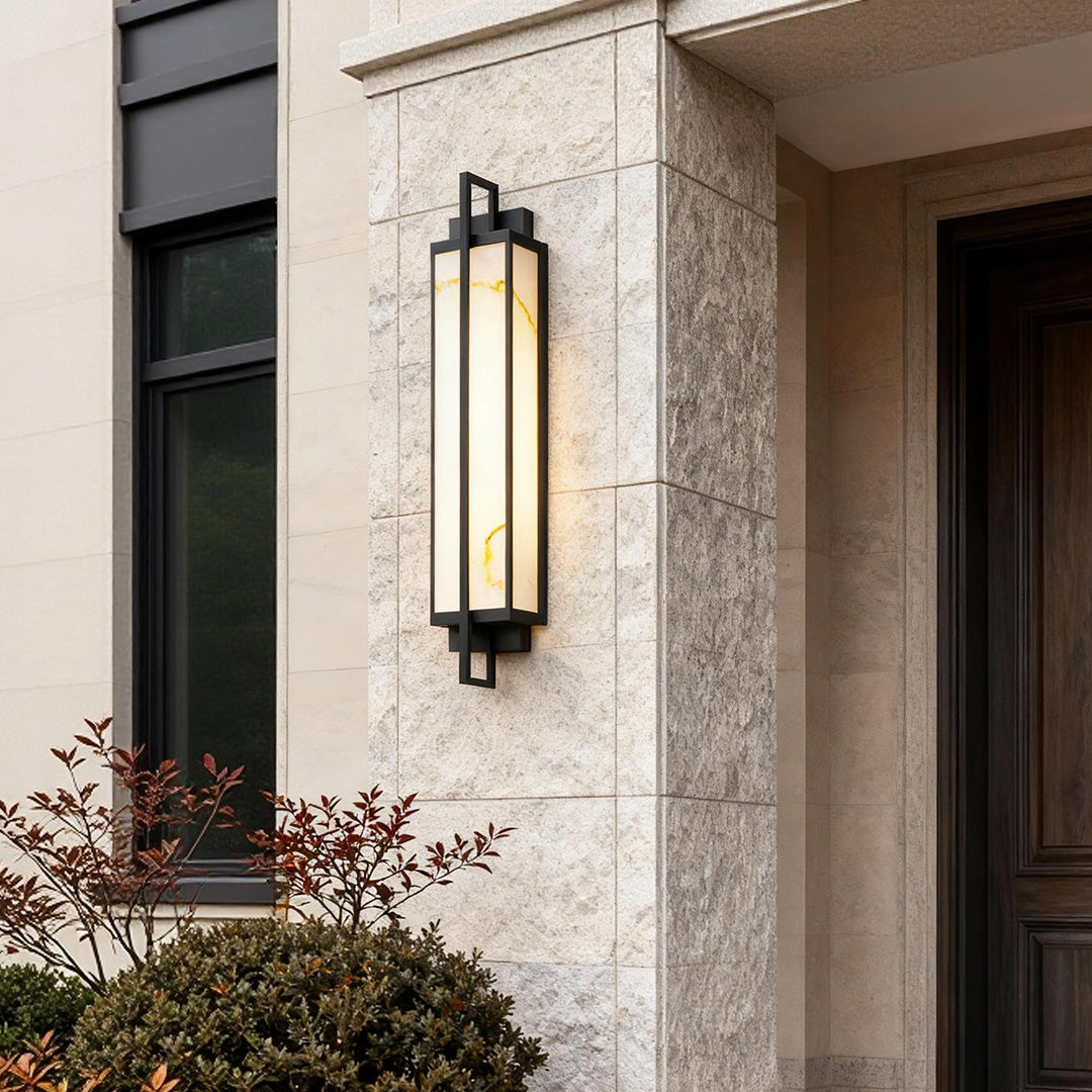 Outdoor Linear Alabaster LED Wall Sconce Waterproof Black IP65 Porch Entrance