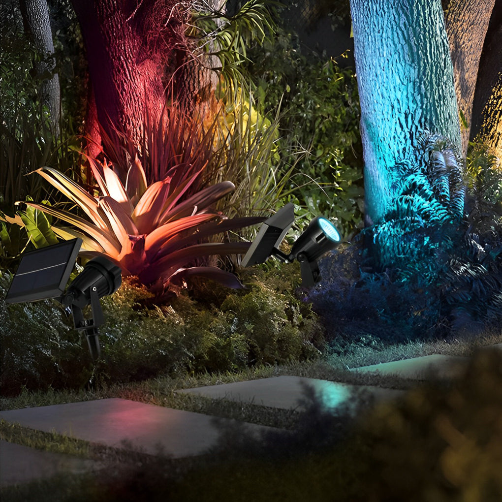 Waterproof RGB Solar Ground Spike Spotlight LED Tree Accent Outdoor — Warm White Singles to 8-Pack