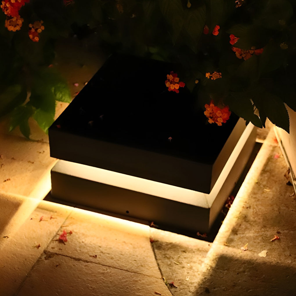 Solar Deck Post Cap Lights Modern Square Black Stainless Steel Waterproof — Singles to Sets of 8