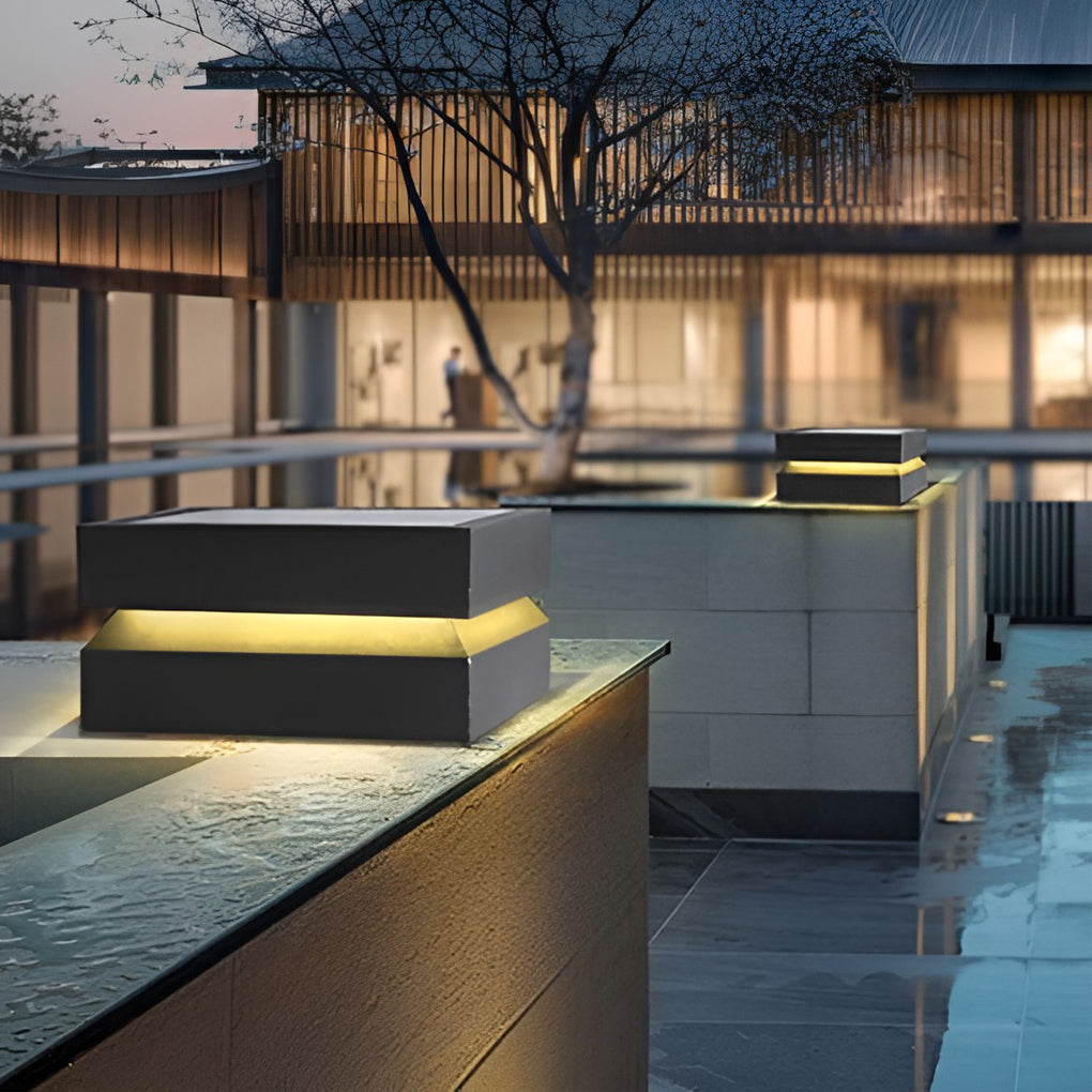 Solar Deck Post Cap Lights Modern Square Black Stainless Steel Waterproof — Singles to Sets of 8