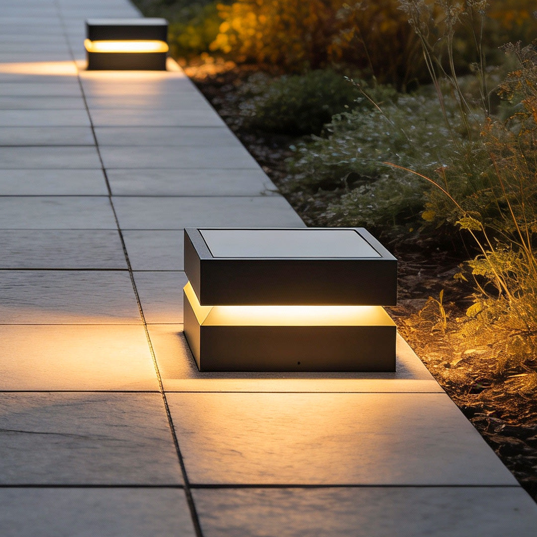 Solar Deck Post Cap Lights Modern Square Black Stainless Steel Waterproof — Singles to Sets of 8