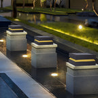 Solar Deck Post Cap Lights Modern Square Black Stainless Steel Waterproof — Singles to Sets of 8