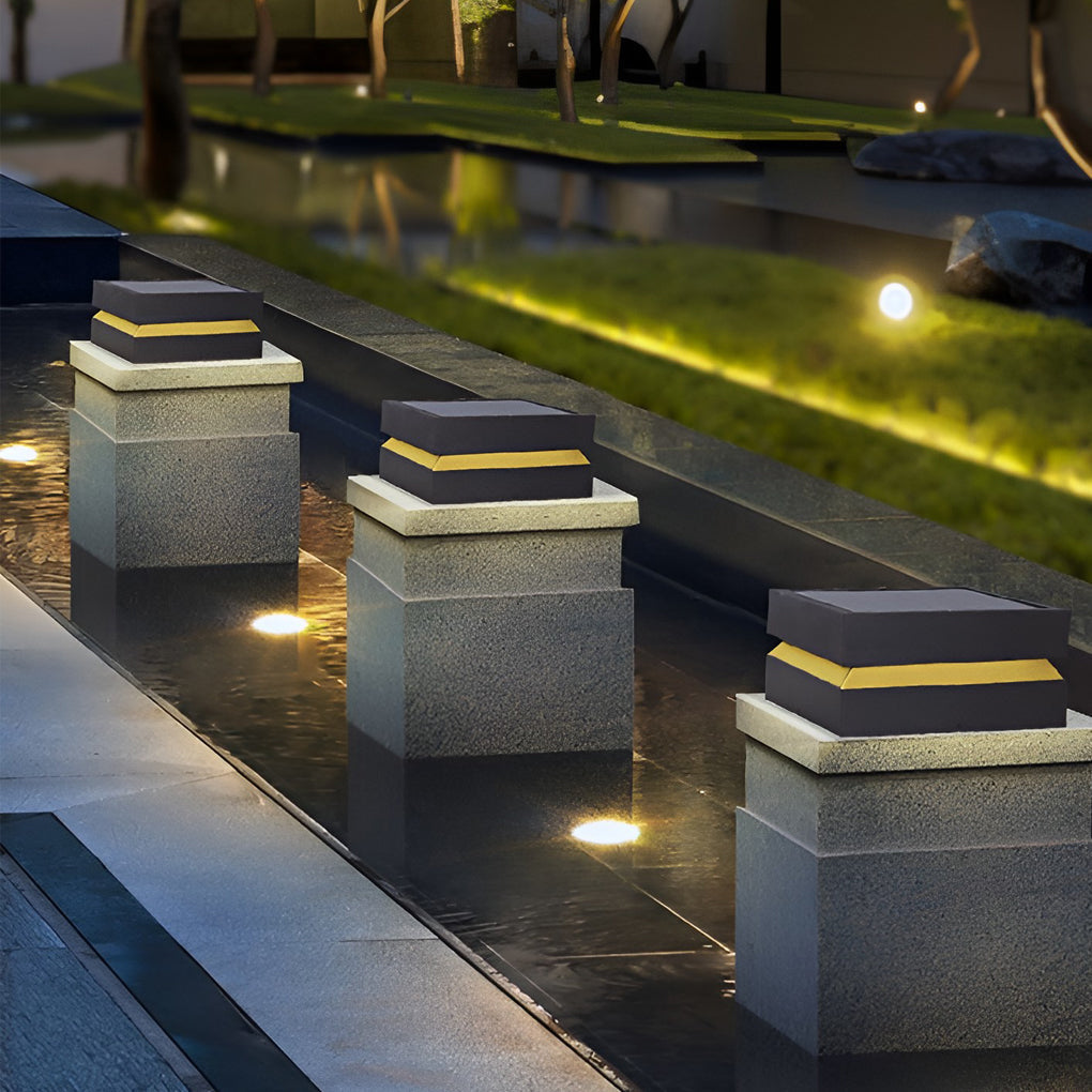 Solar Deck Post Cap Lights Modern Square Black Stainless Steel Waterproof — Singles to Sets of 8