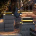 Solar Deck Post Cap Lights Modern Square Black Stainless Steel Waterproof — Singles to Sets of 8