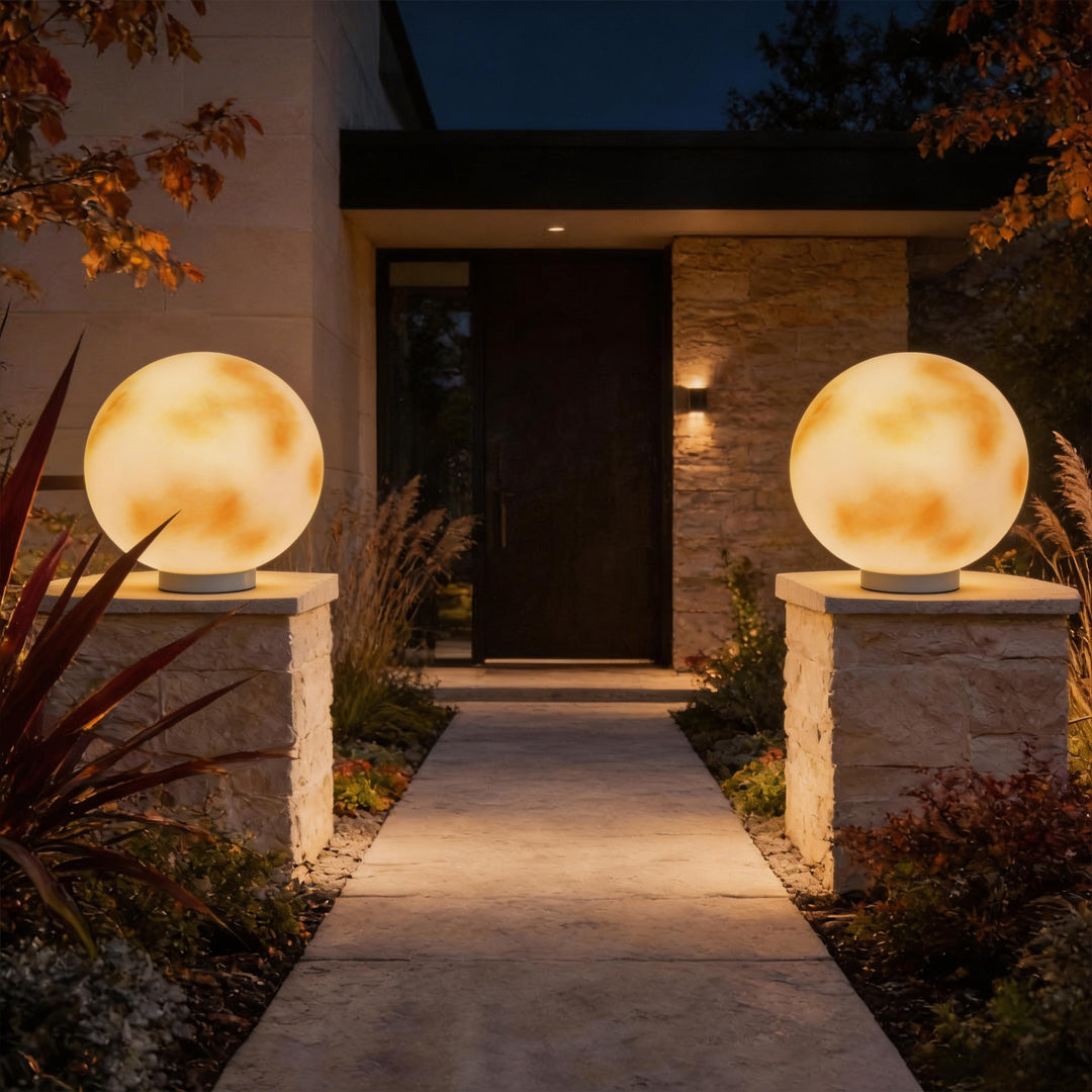 Moon-Shaped Outdoor Pillar Light LED Solar & Hardwired Driveway Garden — 8 to 16 Inch Sets